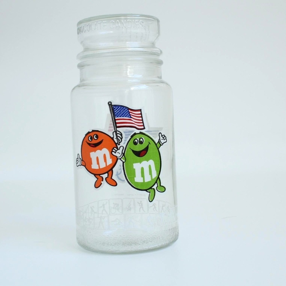 M&M's 1984 Los Angeles Olympics Glass Candy Jar with Lid Vintage Clear